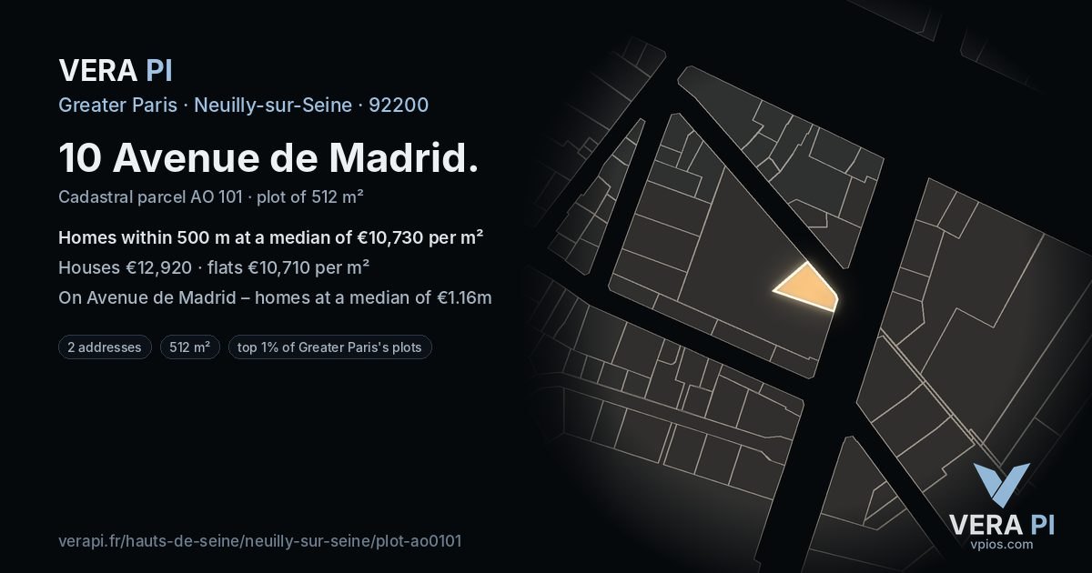 10 Avenue de Madrid, Neuilly-sur-Seine at night – the plot lit, the parcels around coloured by the prices near them