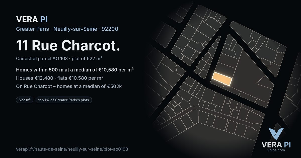 11 Rue Charcot, Neuilly-sur-Seine at night – the plot lit, the parcels around coloured by the prices near them