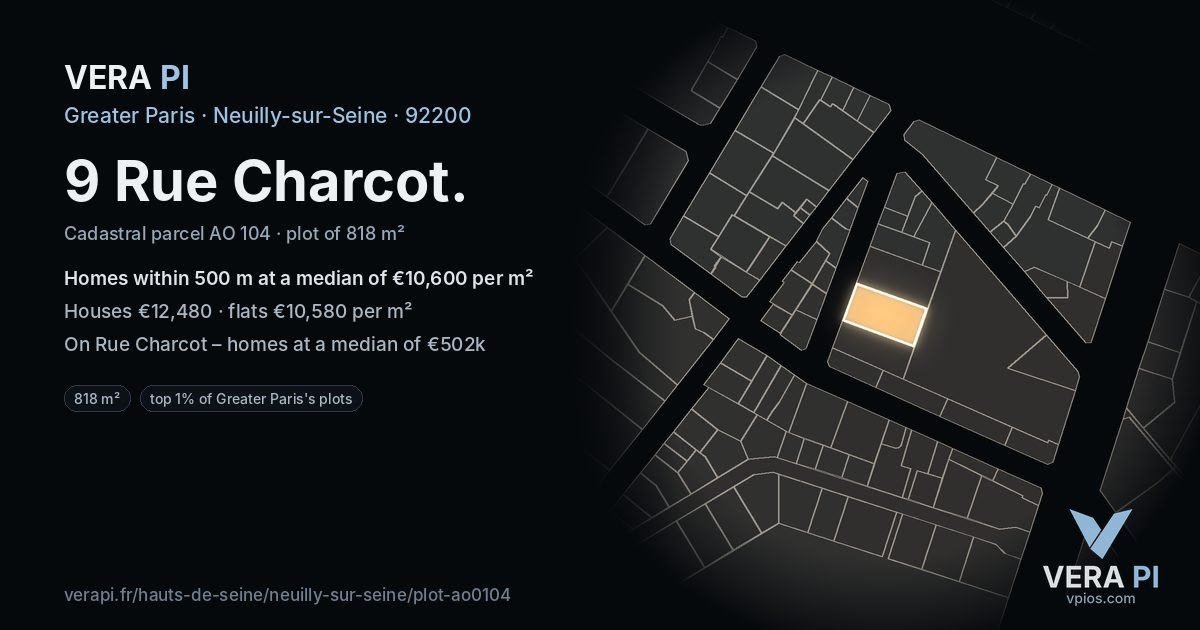 9 Rue Charcot, Neuilly-sur-Seine at night – the plot lit, the parcels around coloured by the prices near them