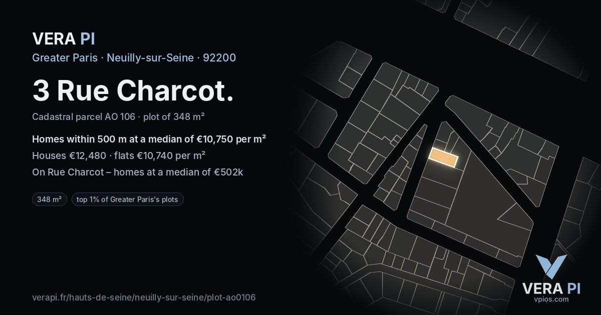 3 Rue Charcot, Neuilly-sur-Seine at night – the plot lit, the parcels around coloured by the prices near them