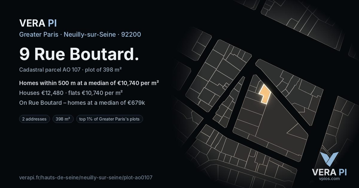 9 Rue Boutard, Neuilly-sur-Seine at night – the plot lit, the parcels around coloured by the prices near them