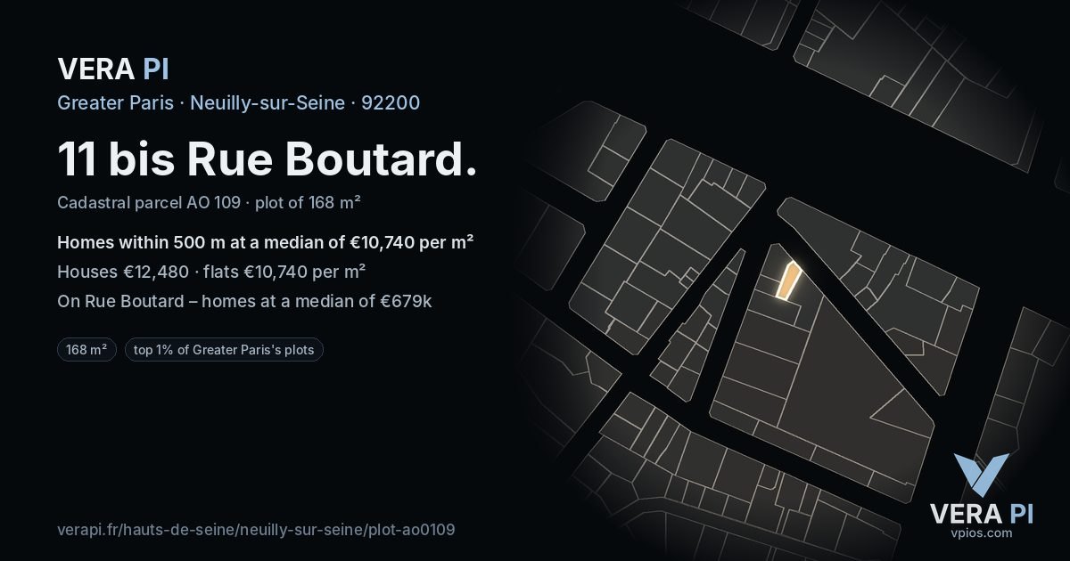 11 bis Rue Boutard, Neuilly-sur-Seine at night – the plot lit, the parcels around coloured by the prices near them