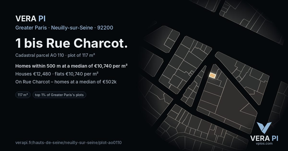 1 bis Rue Charcot, Neuilly-sur-Seine at night – the plot lit, the parcels around coloured by the prices near them