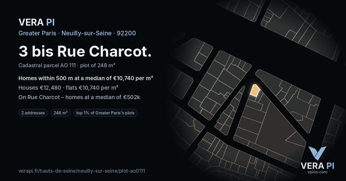 3 bis Rue Charcot, Neuilly-sur-Seine at night – the plot lit, the parcels around coloured by the prices near them