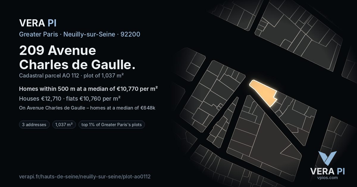 209 Avenue Charles de Gaulle, Neuilly-sur-Seine at night – the plot lit, the parcels around coloured by the prices near them