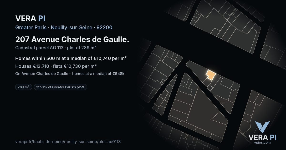 207 Avenue Charles de Gaulle, Neuilly-sur-Seine at night – the plot lit, the parcels around coloured by the prices near them