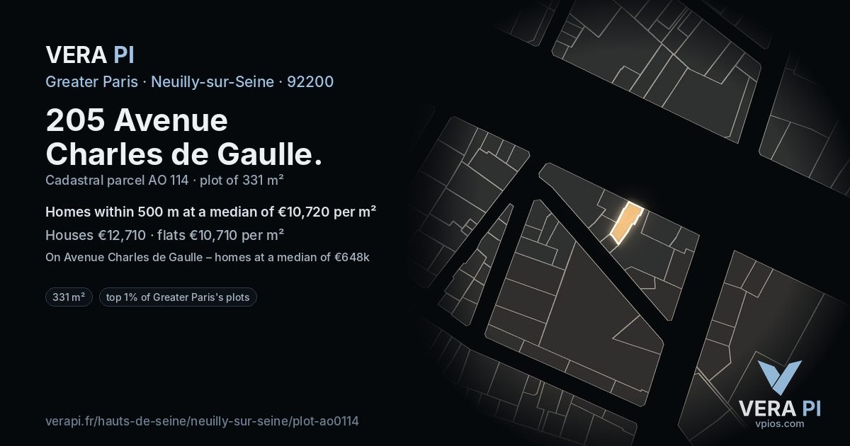 205 Avenue Charles de Gaulle, Neuilly-sur-Seine at night – the plot lit, the parcels around coloured by the prices near them