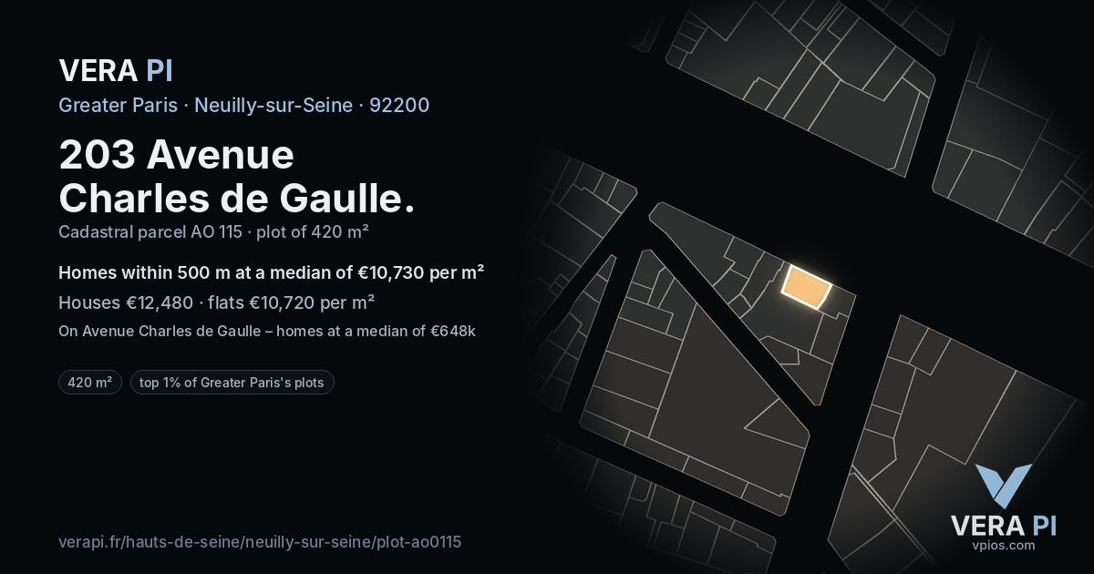 203 Avenue Charles de Gaulle, Neuilly-sur-Seine at night – the plot lit, the parcels around coloured by the prices near them
