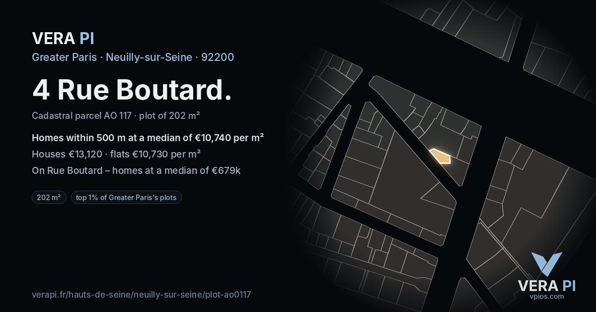 4 Rue Boutard, Neuilly-sur-Seine at night – the plot lit, the parcels around coloured by the prices near them