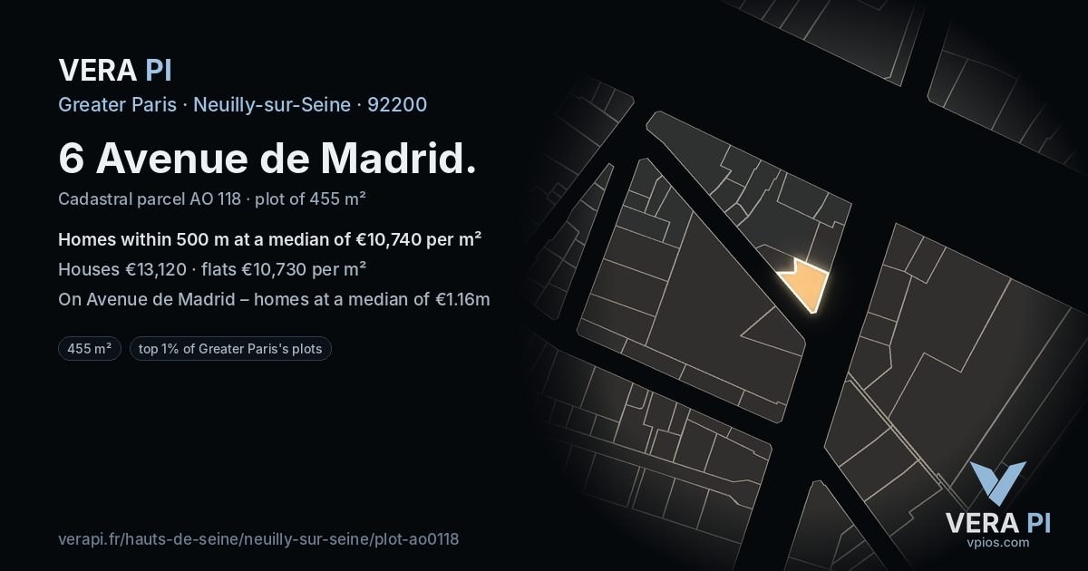 6 Avenue de Madrid, Neuilly-sur-Seine at night – the plot lit, the parcels around coloured by the prices near them