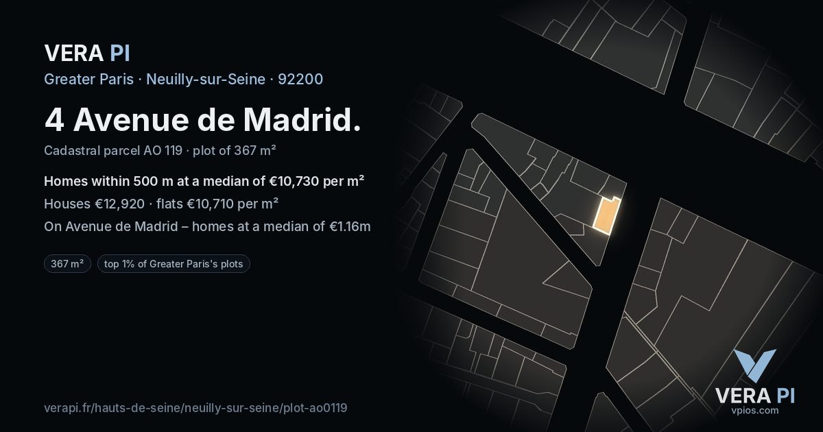 4 Avenue de Madrid, Neuilly-sur-Seine at night – the plot lit, the parcels around coloured by the prices near them
