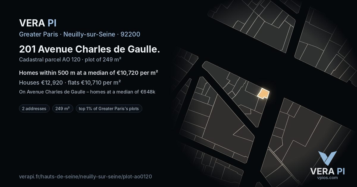 201 Avenue Charles de Gaulle, Neuilly-sur-Seine at night – the plot lit, the parcels around coloured by the prices near them