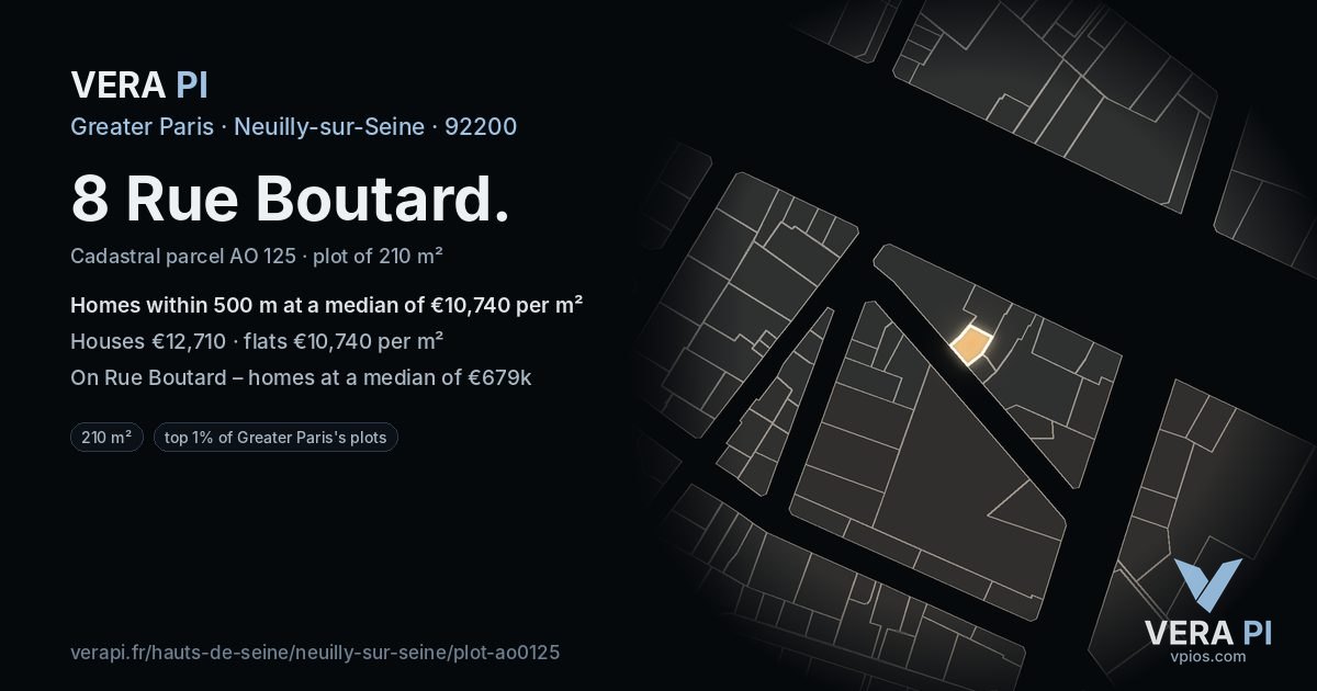 8 Rue Boutard, Neuilly-sur-Seine at night – the plot lit, the parcels around coloured by the prices near them