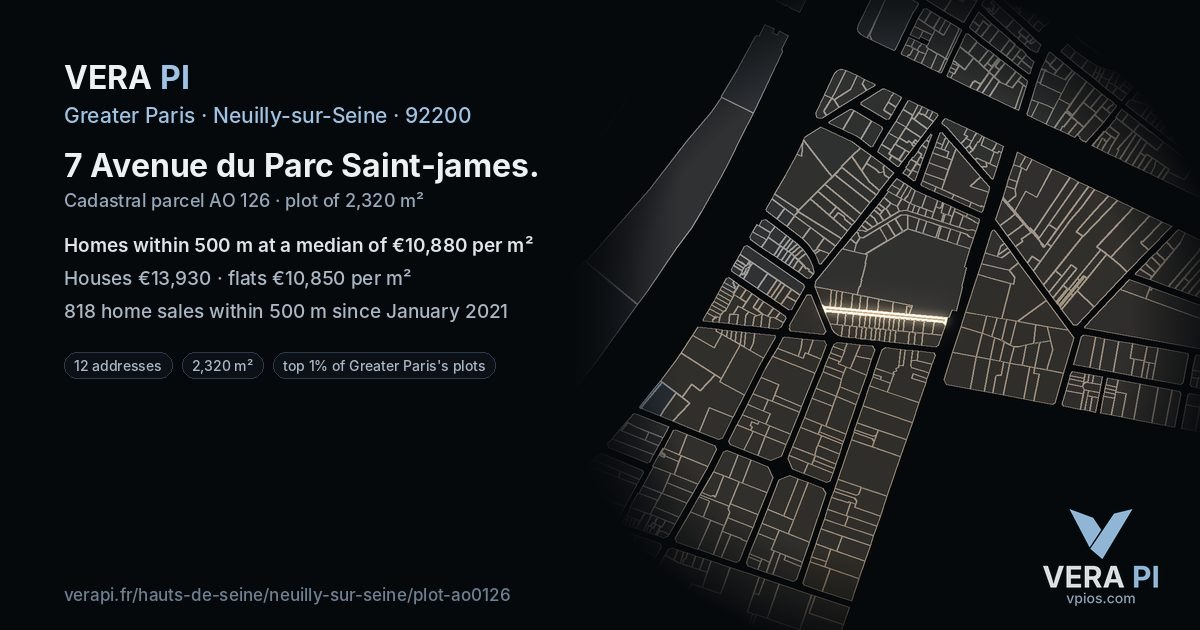 7 Avenue du Parc Saint-james, Neuilly-sur-Seine at night – the plot lit, the parcels around coloured by the prices near them
