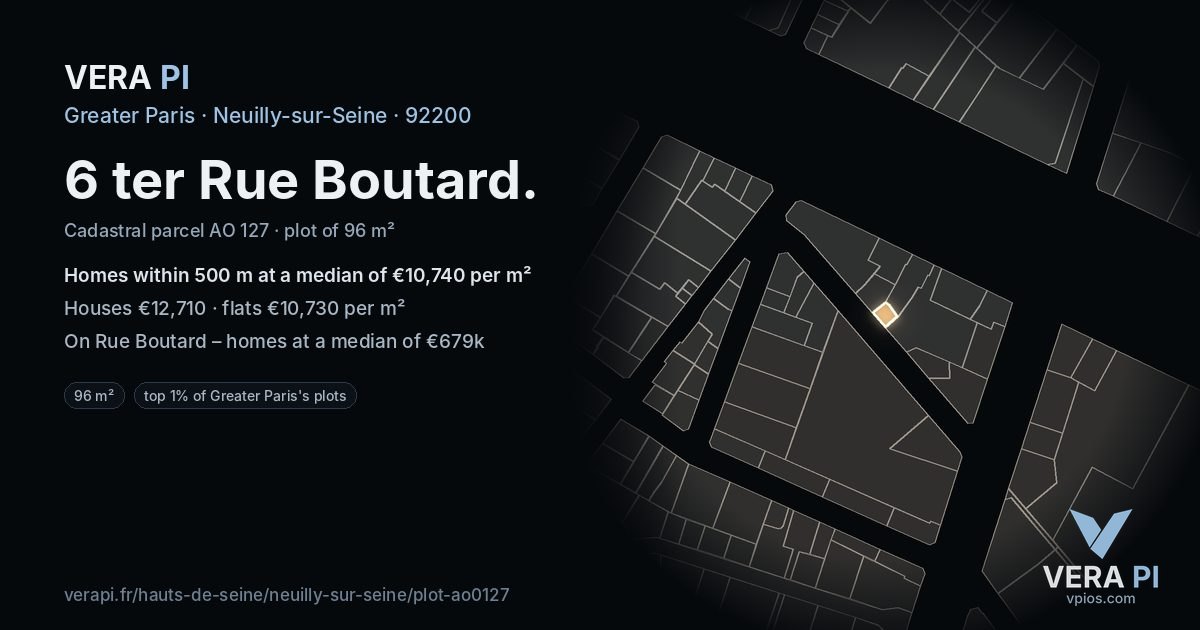 6 ter Rue Boutard, Neuilly-sur-Seine at night – the plot lit, the parcels around coloured by the prices near them