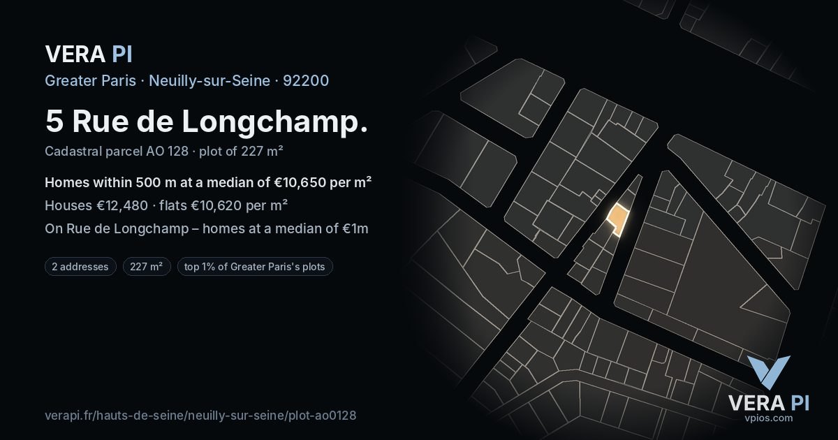5 Rue de Longchamp, Neuilly-sur-Seine at night – the plot lit, the parcels around coloured by the prices near them