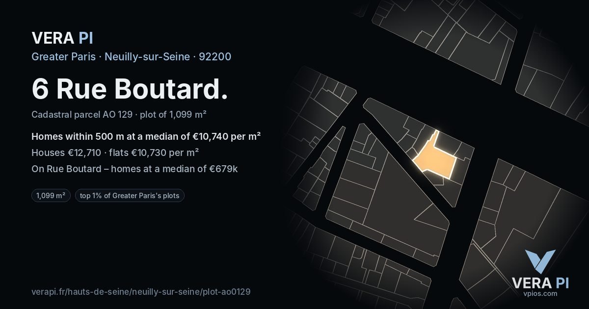 6 Rue Boutard, Neuilly-sur-Seine at night – the plot lit, the parcels around coloured by the prices near them
