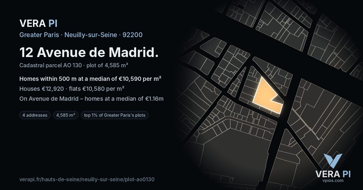 12 Avenue de Madrid, Neuilly-sur-Seine at night – the plot lit, the parcels around coloured by the prices near them