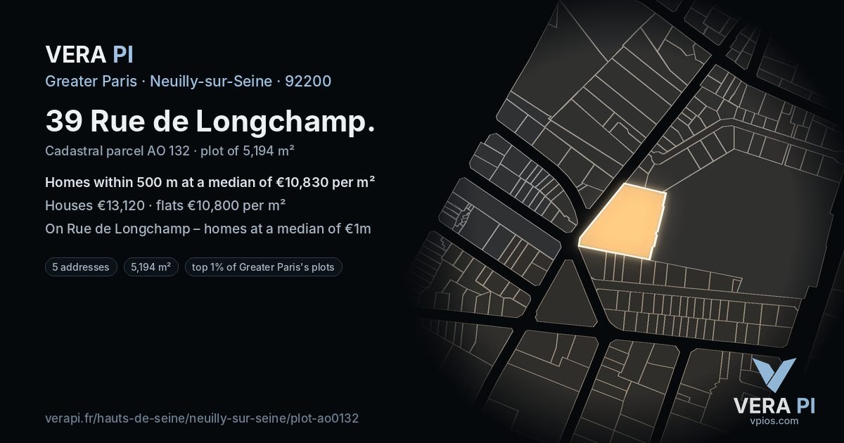 39 Rue de Longchamp, Neuilly-sur-Seine at night – the plot lit, the parcels around coloured by the prices near them