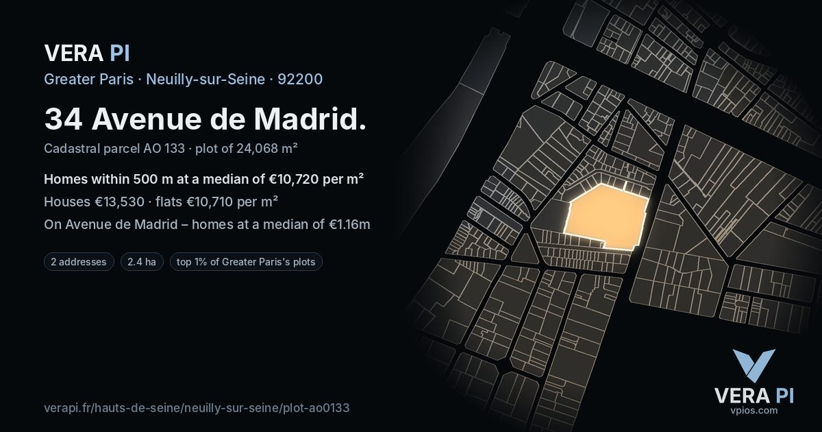 34 Avenue de Madrid, Neuilly-sur-Seine at night – the plot lit, the parcels around coloured by the prices near them