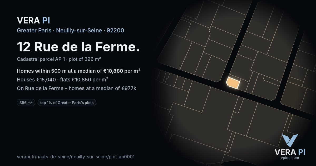 12 Rue de la Ferme, Neuilly-sur-Seine at night – the plot lit, the parcels around coloured by the prices near them