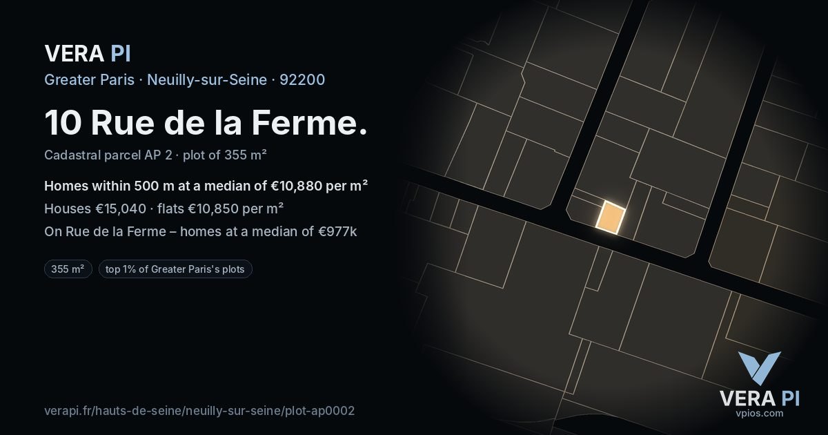10 Rue de la Ferme, Neuilly-sur-Seine at night – the plot lit, the parcels around coloured by the prices near them