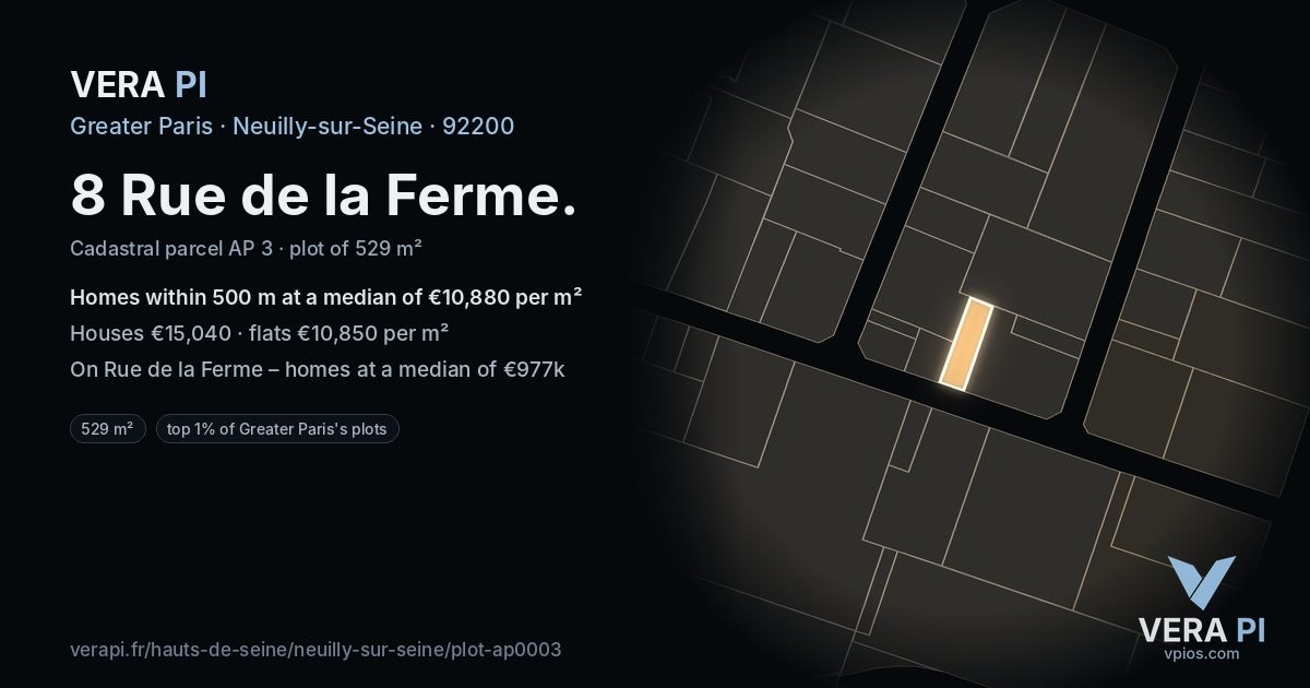 8 Rue de la Ferme, Neuilly-sur-Seine at night – the plot lit, the parcels around coloured by the prices near them