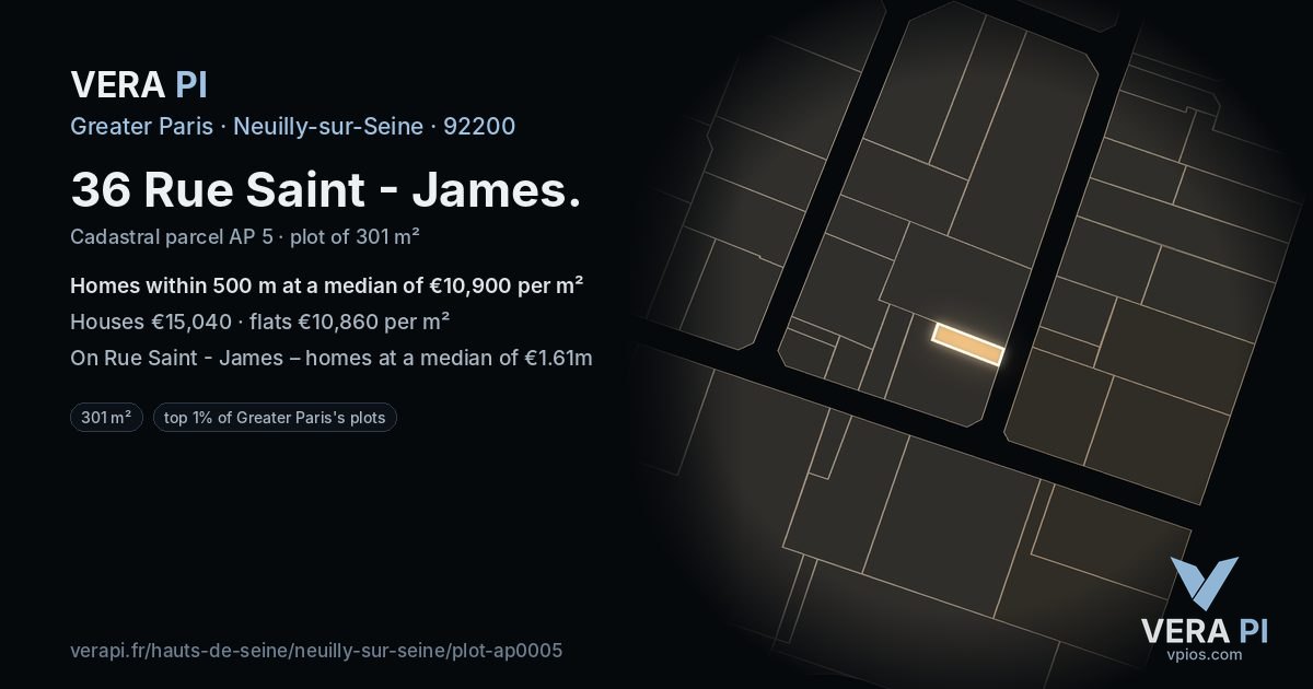 36 Rue Saint - James, Neuilly-sur-Seine at night – the plot lit, the parcels around coloured by the prices near them
