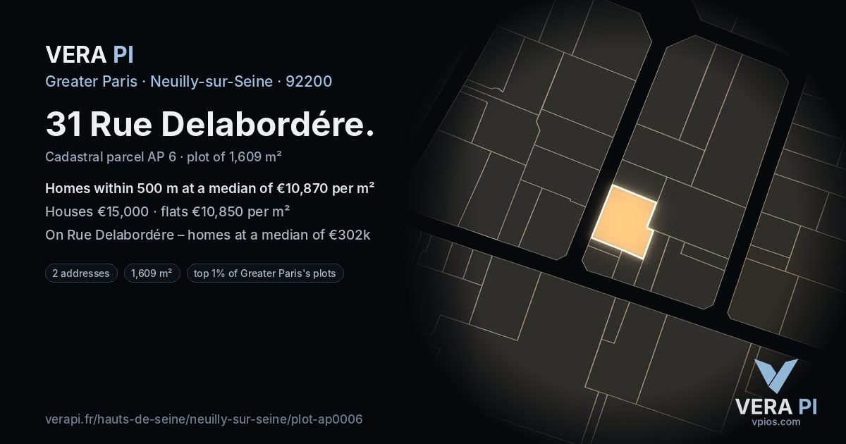 31 Rue Delabordére, Neuilly-sur-Seine at night – the plot lit, the parcels around coloured by the prices near them