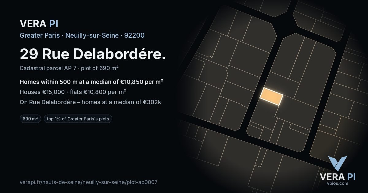 29 Rue Delabordére, Neuilly-sur-Seine at night – the plot lit, the parcels around coloured by the prices near them