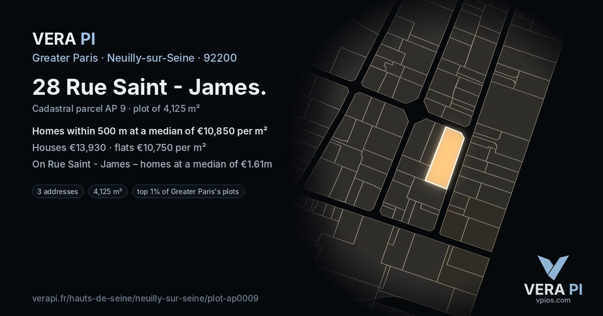 28 Rue Saint - James, Neuilly-sur-Seine at night – the plot lit, the parcels around coloured by the prices near them