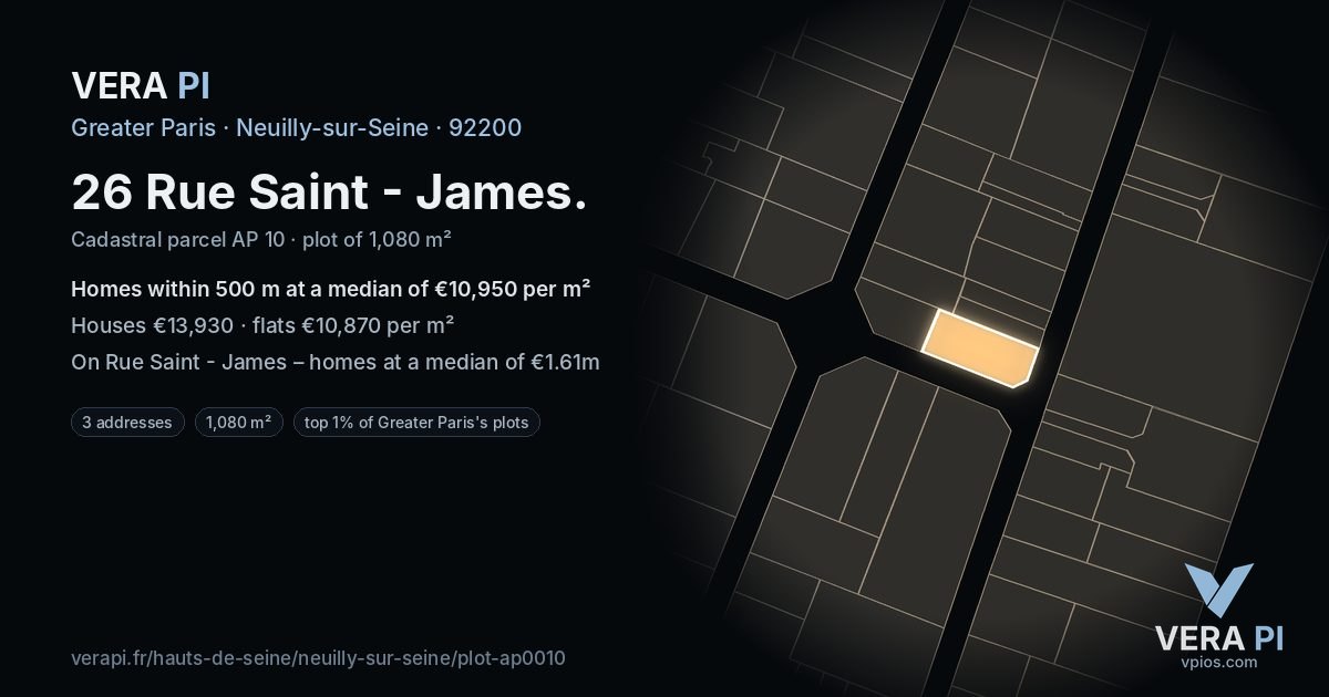 26 Rue Saint - James, Neuilly-sur-Seine at night – the plot lit, the parcels around coloured by the prices near them