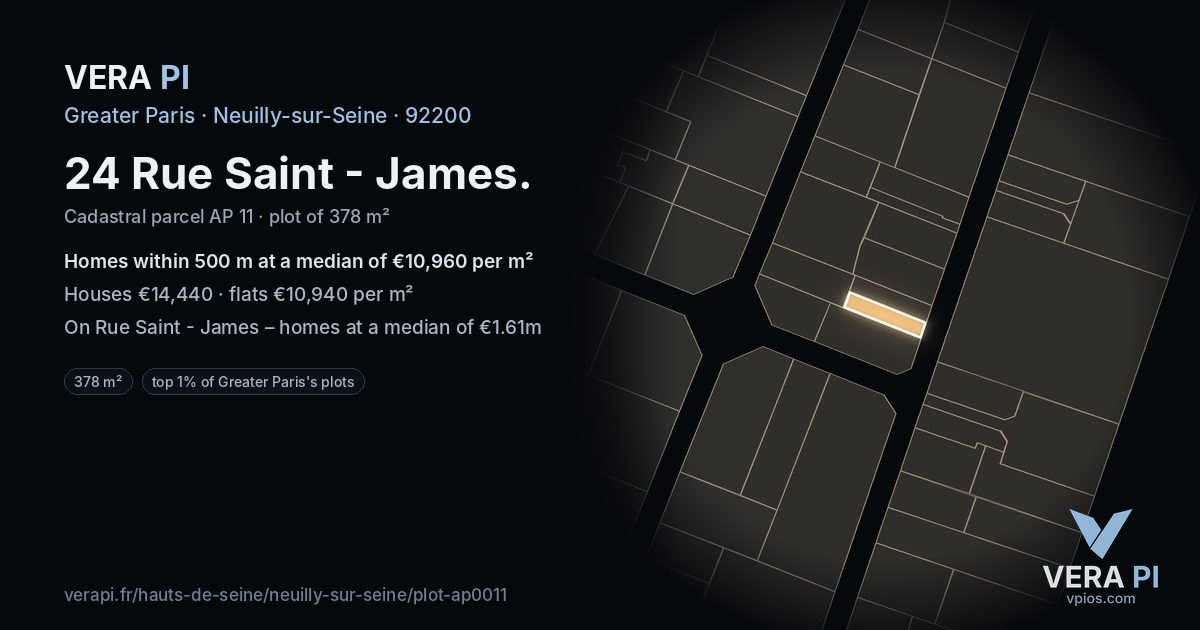24 Rue Saint - James, Neuilly-sur-Seine at night – the plot lit, the parcels around coloured by the prices near them