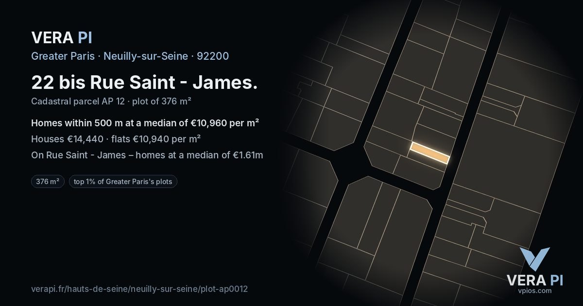 22 bis Rue Saint - James, Neuilly-sur-Seine at night – the plot lit, the parcels around coloured by the prices near them
