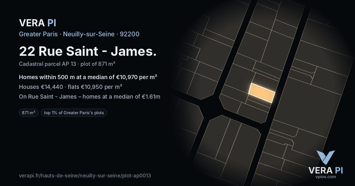 22 Rue Saint - James, Neuilly-sur-Seine at night – the plot lit, the parcels around coloured by the prices near them