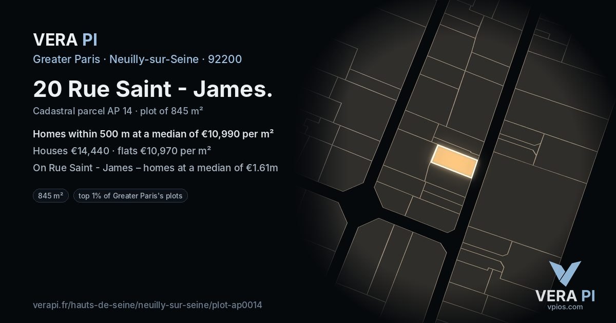 20 Rue Saint - James, Neuilly-sur-Seine at night – the plot lit, the parcels around coloured by the prices near them