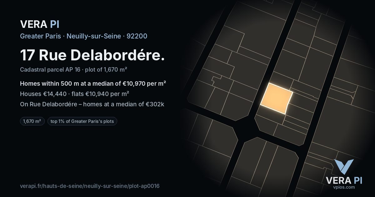 17 Rue Delabordére, Neuilly-sur-Seine at night – the plot lit, the parcels around coloured by the prices near them