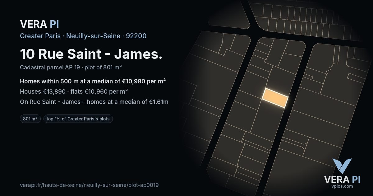 10 Rue Saint - James, Neuilly-sur-Seine at night – the plot lit, the parcels around coloured by the prices near them
