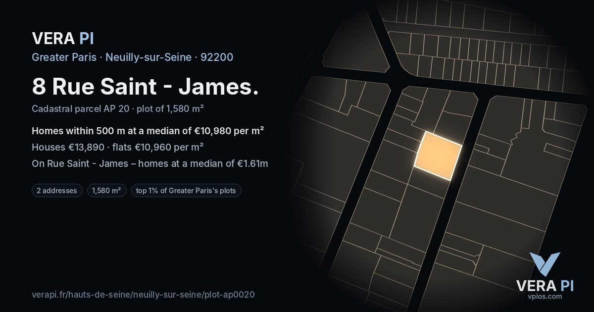 8 Rue Saint - James, Neuilly-sur-Seine at night – the plot lit, the parcels around coloured by the prices near them