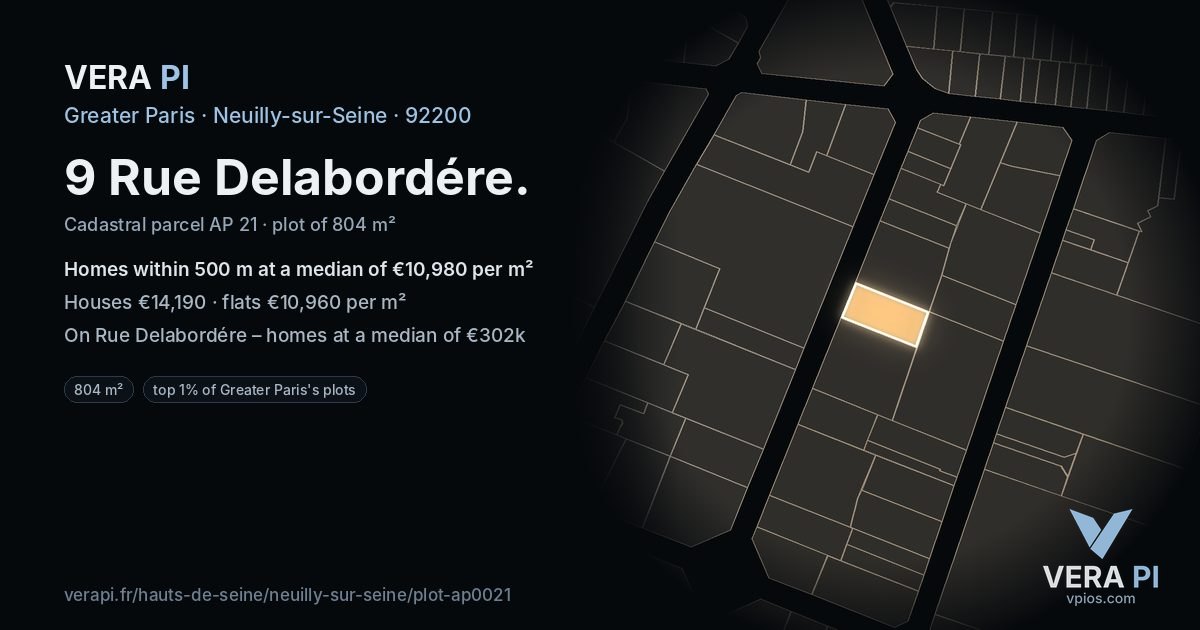 9 Rue Delabordére, Neuilly-sur-Seine at night – the plot lit, the parcels around coloured by the prices near them