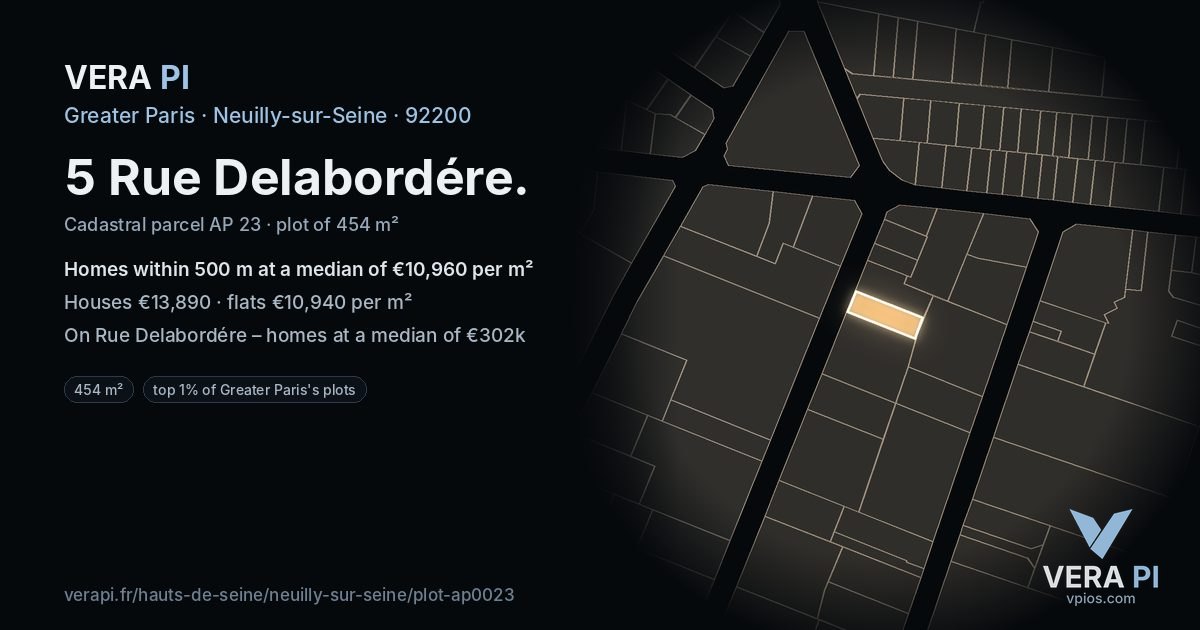 5 Rue Delabordére, Neuilly-sur-Seine at night – the plot lit, the parcels around coloured by the prices near them