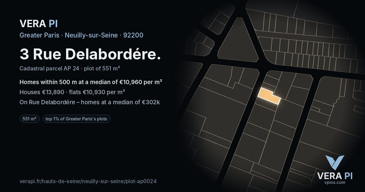 3 Rue Delabordére, Neuilly-sur-Seine at night – the plot lit, the parcels around coloured by the prices near them