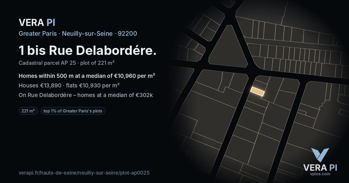 1 bis Rue Delabordére, Neuilly-sur-Seine at night – the plot lit, the parcels around coloured by the prices near them