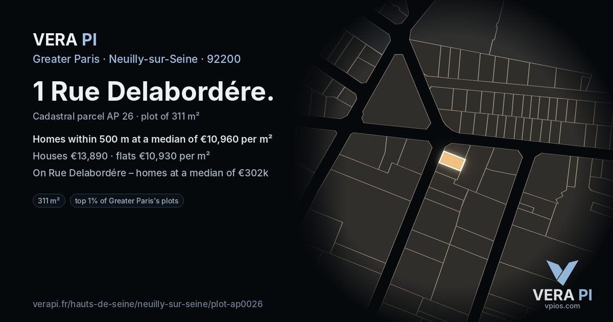 1 Rue Delabordére, Neuilly-sur-Seine at night – the plot lit, the parcels around coloured by the prices near them
