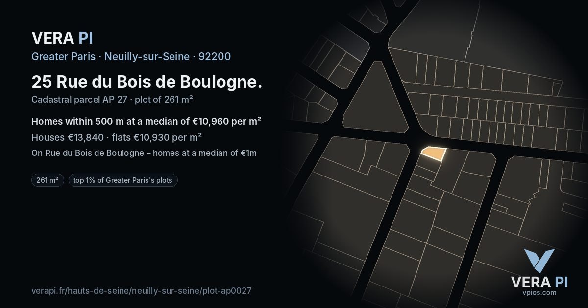 25 Rue du Bois de Boulogne, Neuilly-sur-Seine at night – the plot lit, the parcels around coloured by the prices near them