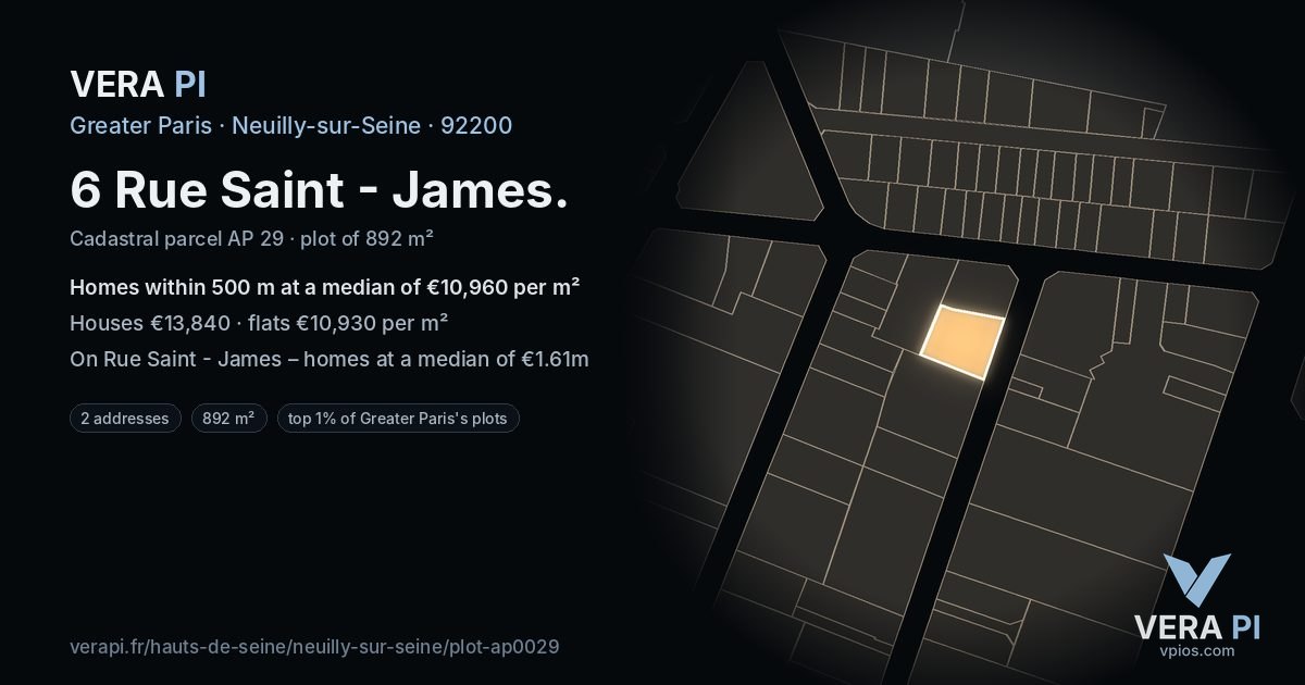 6 Rue Saint - James, Neuilly-sur-Seine at night – the plot lit, the parcels around coloured by the prices near them