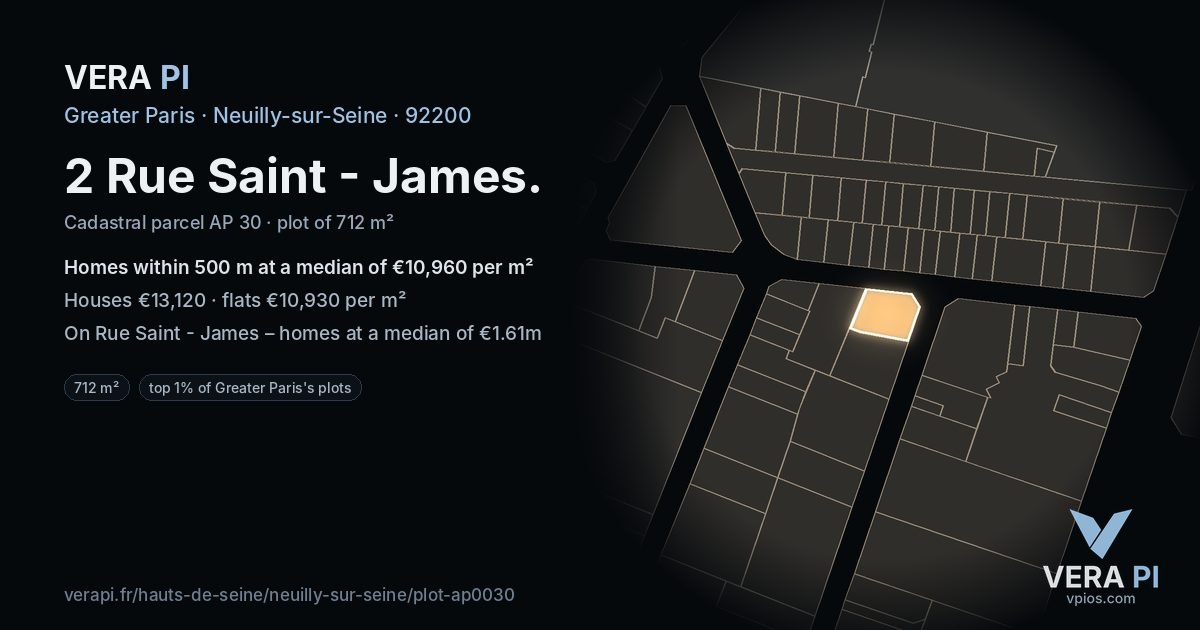 2 Rue Saint - James, Neuilly-sur-Seine at night – the plot lit, the parcels around coloured by the prices near them