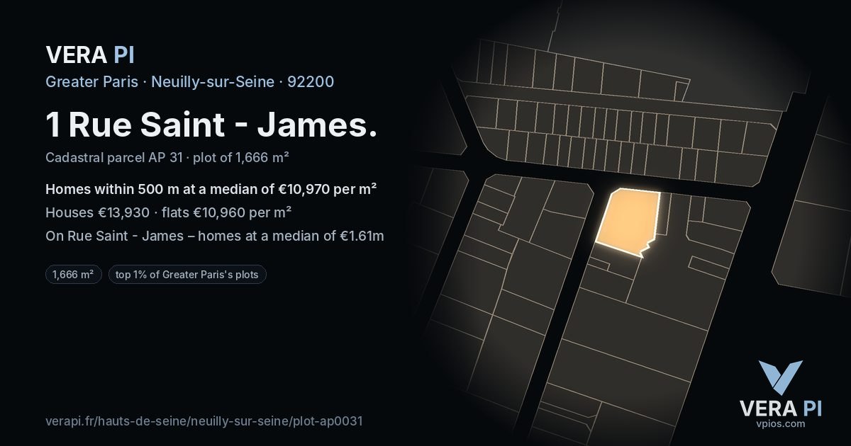 1 Rue Saint - James, Neuilly-sur-Seine at night – the plot lit, the parcels around coloured by the prices near them