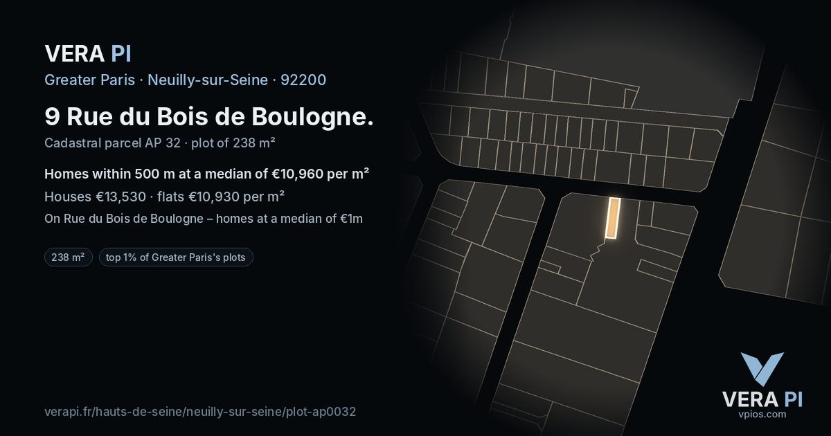 9 Rue du Bois de Boulogne, Neuilly-sur-Seine at night – the plot lit, the parcels around coloured by the prices near them
