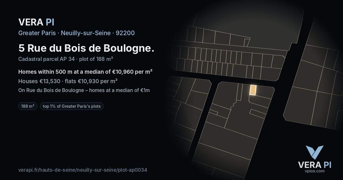 5 Rue du Bois de Boulogne, Neuilly-sur-Seine at night – the plot lit, the parcels around coloured by the prices near them